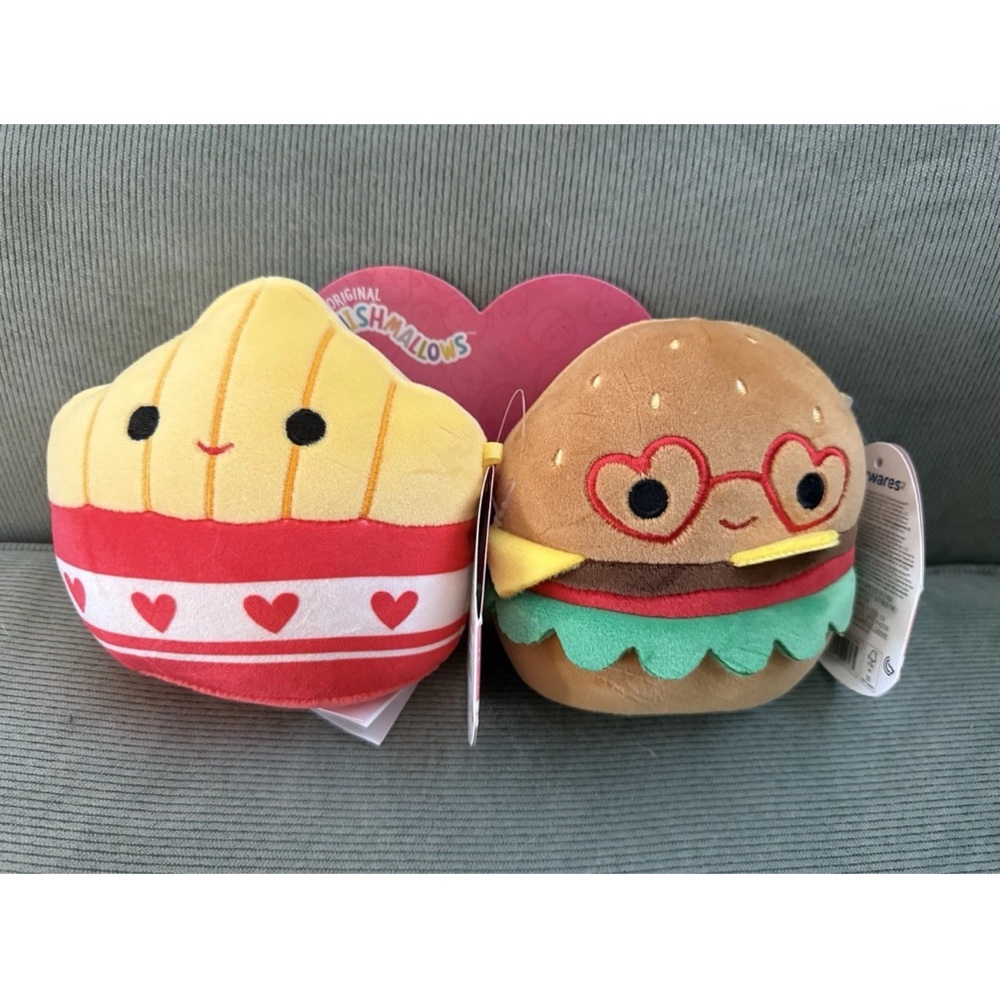 (2) NEW Squishmallows 5" FLOYD & CARL  Burger & Fries Hearts Sweater Sunglasses